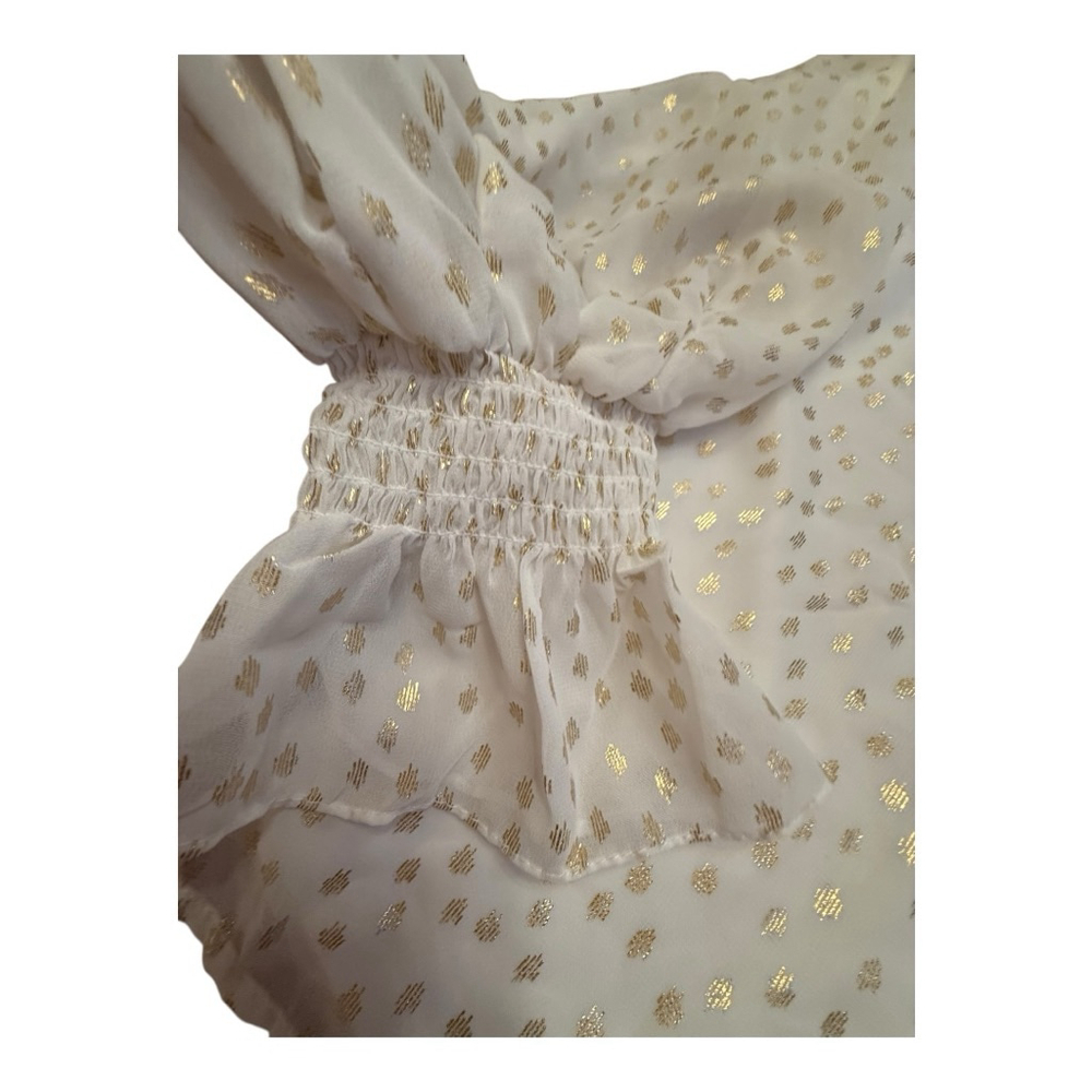 1. STATE Cream Gold Dot V-Neck Smocked Ruffle Cuff Blouse XS - Picture 6 of 10